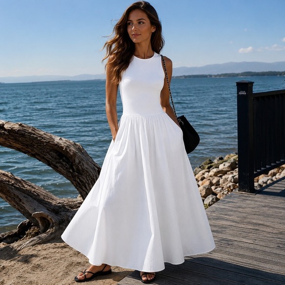 Commense Dresses & Skirts - Commense White Sleeveless Midi Dress A-Line Summer Dress Pockets Size M